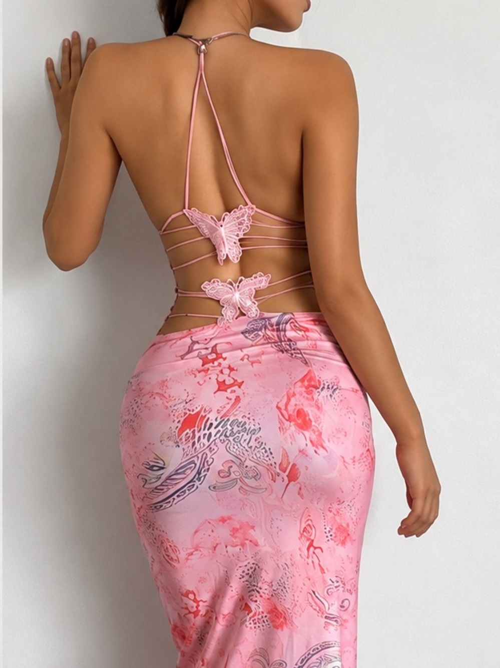 Pink Backless Butterfly Maxi Dress